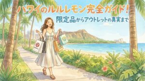 ハワイのワイキキでルルレモンのショッピングバッグを持って歩く女性