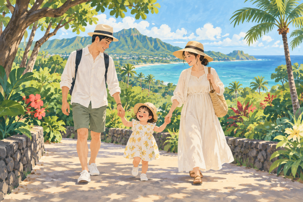 幼い子どもと両親がハワイをイメージした道を歩くイラスト