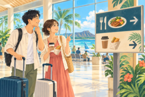 ホノルル空港で搭乗前の食事候補を探す旅行者のAI生成イラスト