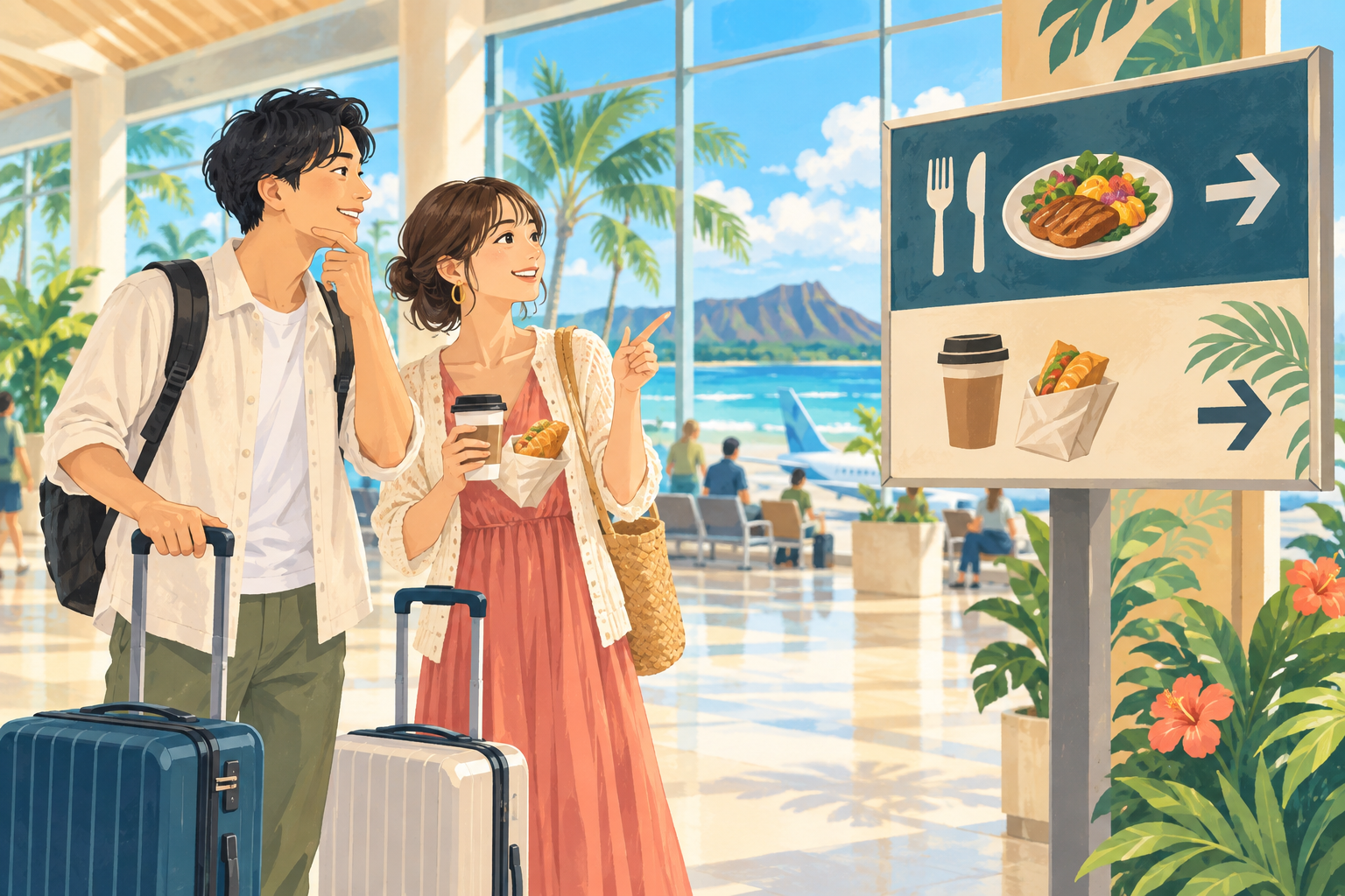 ホノルル空港で搭乗前の食事候補を探す旅行者のAI生成イラスト