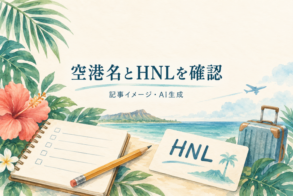 空港名の確認メモとHNLと書かれた旅行書類を描いたAI生成イラスト