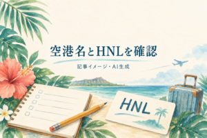 空港名の確認メモとHNLと書かれた旅行書類を描いたAI生成イラスト