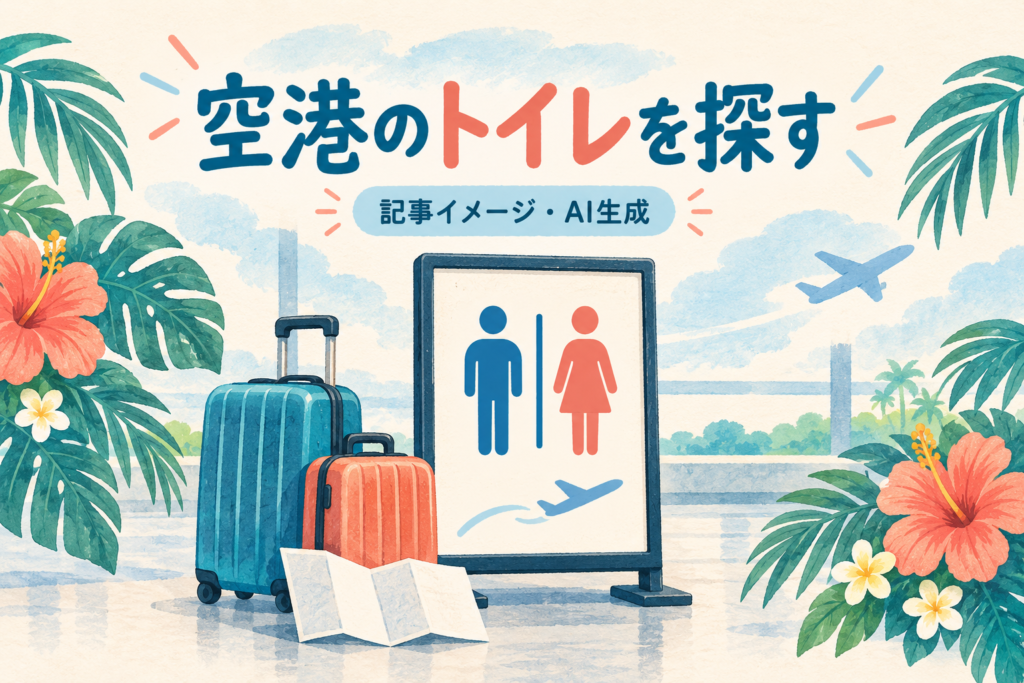 トイレの案内表示とスーツケースを描いたAI生成イラスト