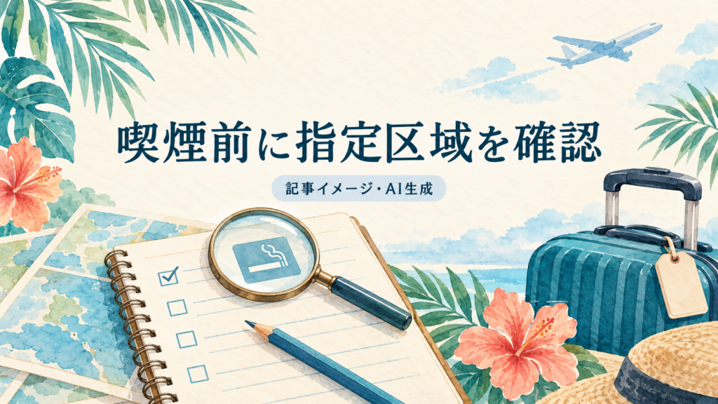 喫煙区域の表示を確認するメモとスーツケースを描いたAI生成イラスト