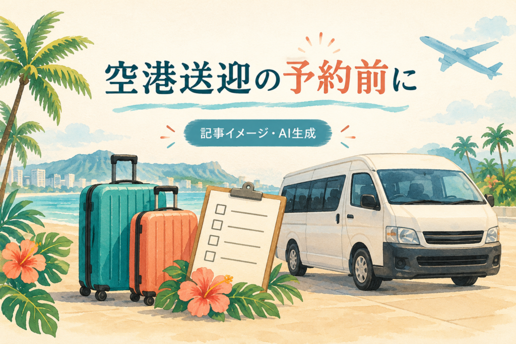 送迎車とスーツケース、予約前の確認リストを描いたAI生成イラスト