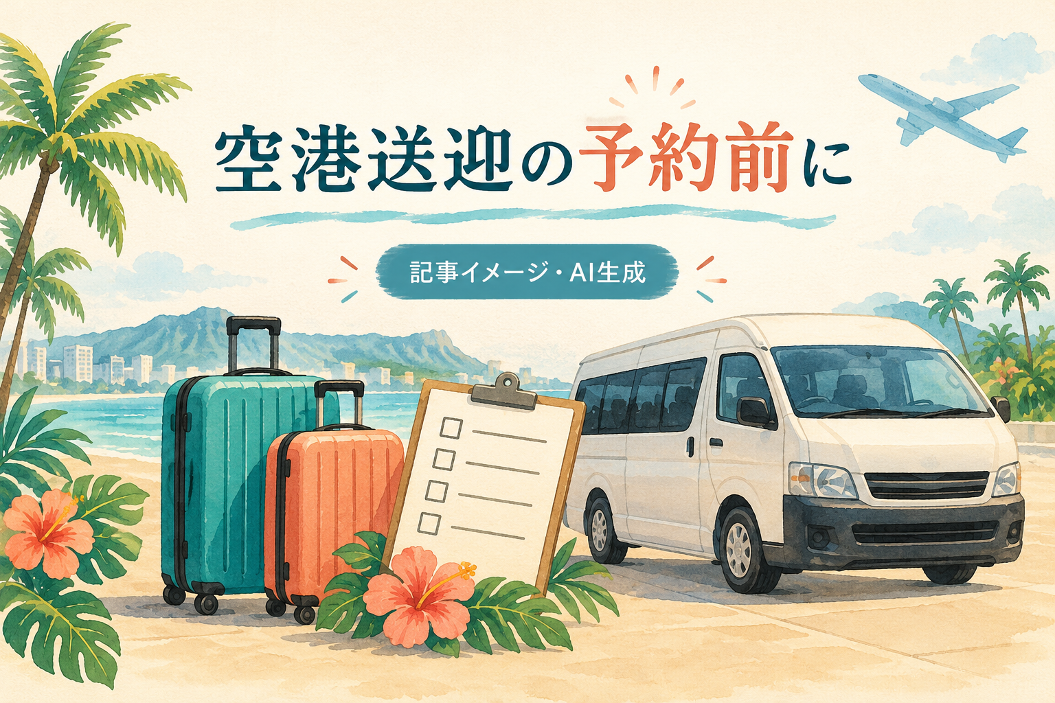 送迎車とスーツケース、予約前の確認リストを描いたAI生成イラスト