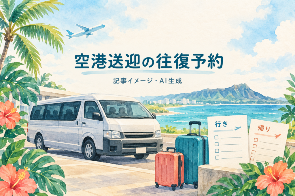 行き・帰りの確認メモとスーツケース、無銘の送迎車を描いたAI生成イラスト