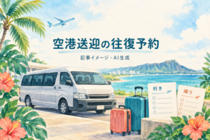 行き・帰りの確認メモとスーツケース、無銘の送迎車を描いたAI生成イラスト