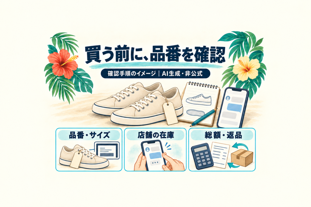 無銘の靴とメモ、品番・サイズ、店舗の在庫、総額・返品を確かめる手順のAI生成イラスト