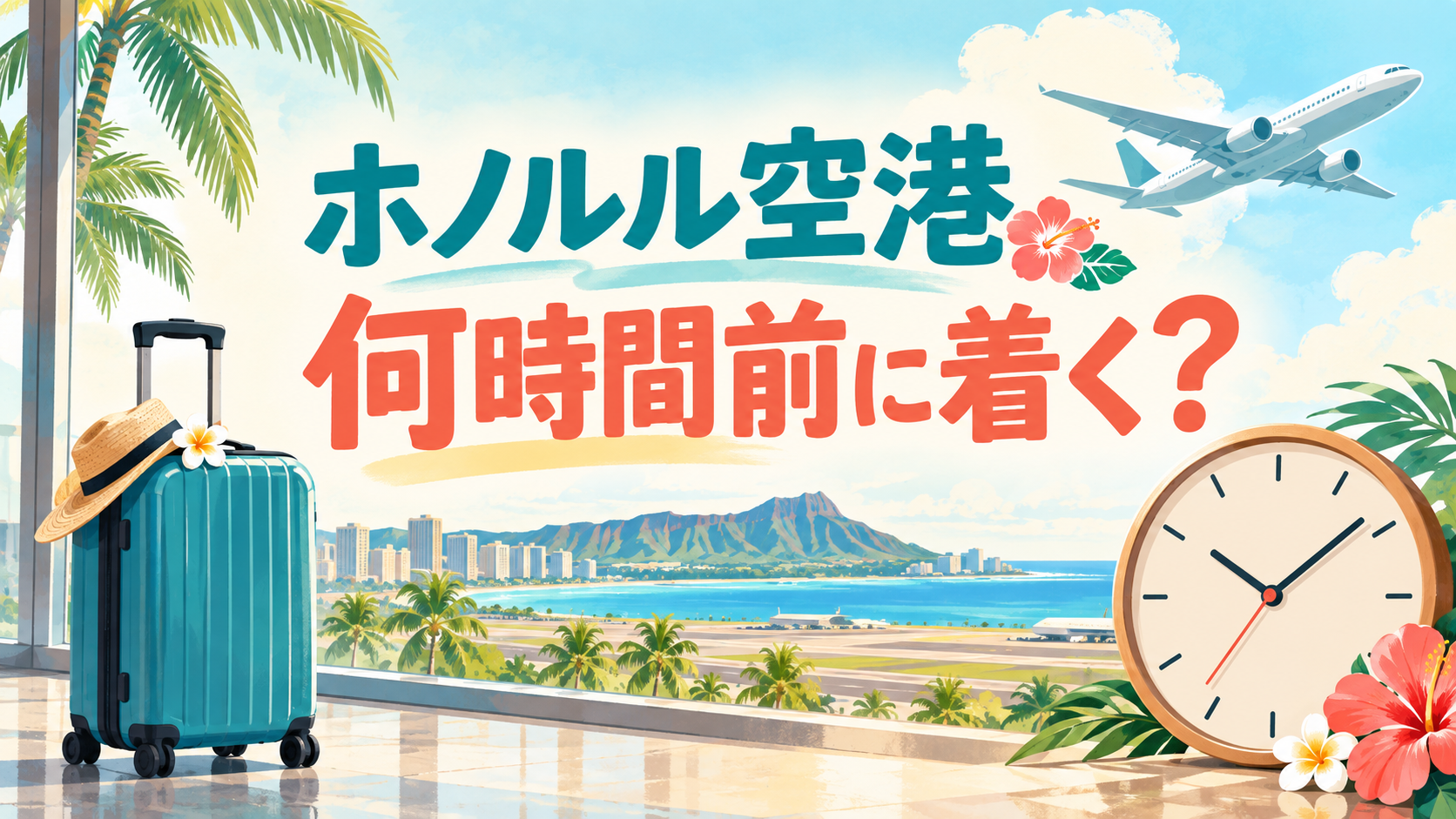 スーツケースと飛行機、時計を描いた帰国準備のイラスト